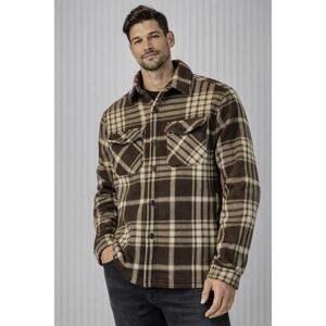 Mens Medium Plaid Fleece Shirt Jacket Brown Tan Button Up Flannel Heavyweight